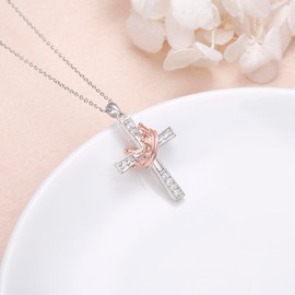 DAOSHANG Cross Necklaces with Rose-Golden Crown Pendant Necklace For Women 925 Sterling Silver Cubic Zircon Adjustable Chain 18+2" Faith Present Jewelry Birthday Chrismas Valentine's Day for Friend