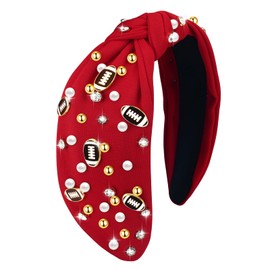 Zkptops Football Knotted Headband for Women Fun Sports Team Game Day Twisted Top Wide Knot Headbands Crystal Pearl Jeweled Head Band Fashion Sparkly Hairband Accessories Gifts for Sports Fans (Red)