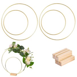 JK Home 4PCS Metal Floral Hoop Centerpiece, 25cm+15cm Gold Wreath Hoop Rings with 2 PCS Wooden Stands, Metal Hoops for Crafting, DIY Floral Macrame Hoop, Wedding Table Decor and Macrame Crafts