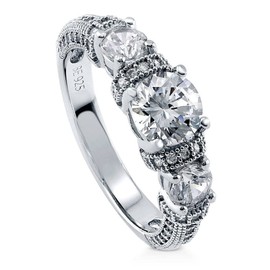 BERRICLE Sterling Silver 3-Stone Wedding Engagement Rings 0.8 Carat Round Cut Cubic Zirconia CZ Vintage Inspired Art Deco Promise Ring for Women, Rhodium Plated Size 4