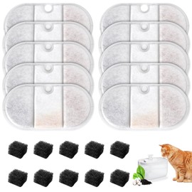 Prmape Set of 10 Cat Fountain Filters, Replacement Filters for Drinking Fountain for Cats, 10 Pieces Carbon Filters and 10 Pieces Foam Filter, Filter with Resin and Activated Carbon
