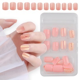 Pink Glitter Press on Nails, 24PCS/12Sizes Short Square Fake Nails Kit, Full Cover Acrylic False Nail, Artificial Glossy Stick on Nail for Women Manicure