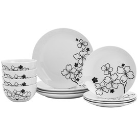 Tabletops Gallery 12-Piece White Black Floral Hibiscus Ceramic Dinnerware Set of Kitchen Dishes, Round Dinner Salad Plates Cereal Bowls, Service for 4, Margo