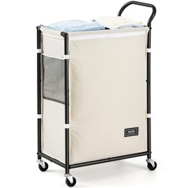 SOLEDI Slim Laundry Hamper with Wheels,23.8 Gallons (87L) Laundry Basket with Lid,Sturdy Metal Frame with Handle,Laundry Cart,Rolling Laundry Basket for Bedroom Aesthetic,Easy to Assemble,Ivory - Specification: White