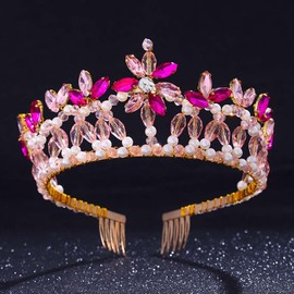 Campsis Crystal Queen Crown Rhinestne Bridal Tiaras Pink Flower Princess Headband for Women and Girls