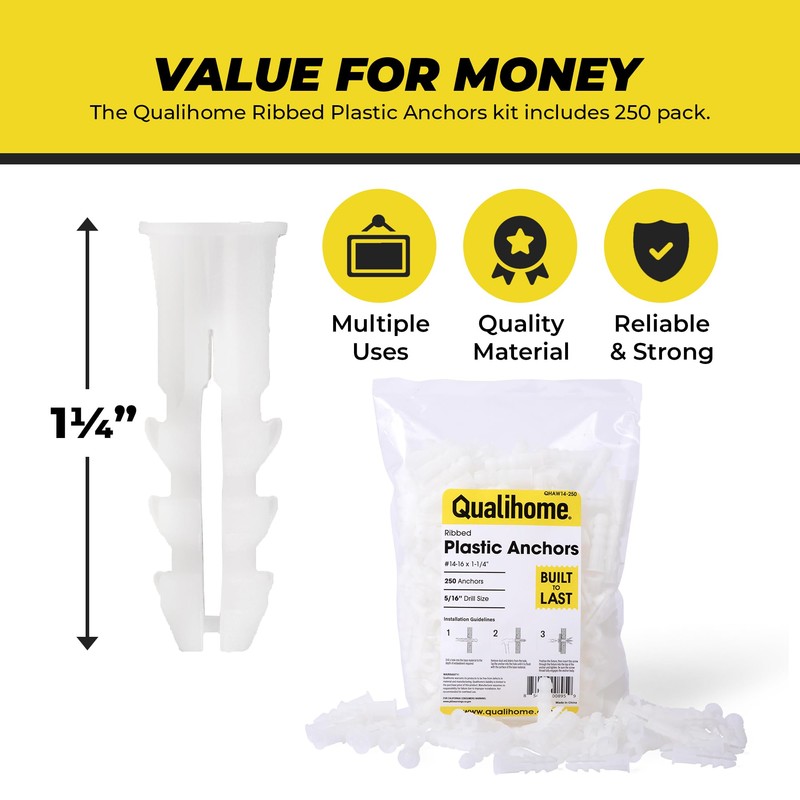 Premium Quality Ribbed Plastic Anchors, Bulk Pack (#14-16 x 1-1/4”)