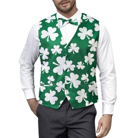 Men's St. Patrick's Day Suit Vest Irish Shamrock Lucky Clover Dress Waistcoat Bow Tie Casual Shirt, Shamrocks, 3X-Large