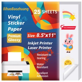 BihaoBaozhuang-Printing papers-25 Sheets Premium Glossy Printable Vinyl Sticker Paper for Inkjet & Laser Printer - White Waterproof, Dries Quickly Vivid Colors, Holds Ink well- Tear Resistant