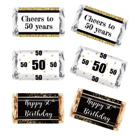 Black & Gold 50th Birthday Party Mini Candy Bar Wrapper Stickers - 50th Birthday Party Favors - Pack of 54