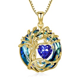 TOUPOP Tree of life September Birthstone Necklace for Women Sterling Silver Yellow Gold Plated Tree Jewelry Sapphire Pendant Blue Gemstone Birthday Mothers Day Gifts for Her Her