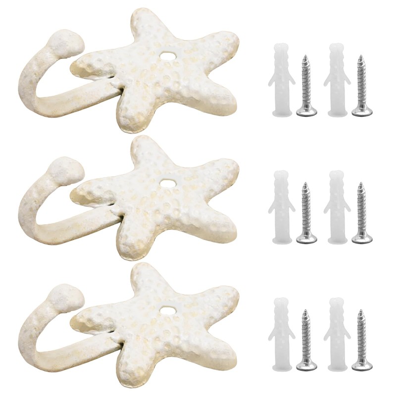 Newnessai 3Pcs Decorative Hooks, Cast Iron Star Fish Beach Themed