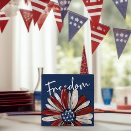 FLVGE 4th of July Decor, Fourth of July Decorations, Patriotic Decorations, American Flag Flower Wooden Box Block Sign Decorations for Home Shelf Desk Indoor Table Decor,Independence Day, 5x5