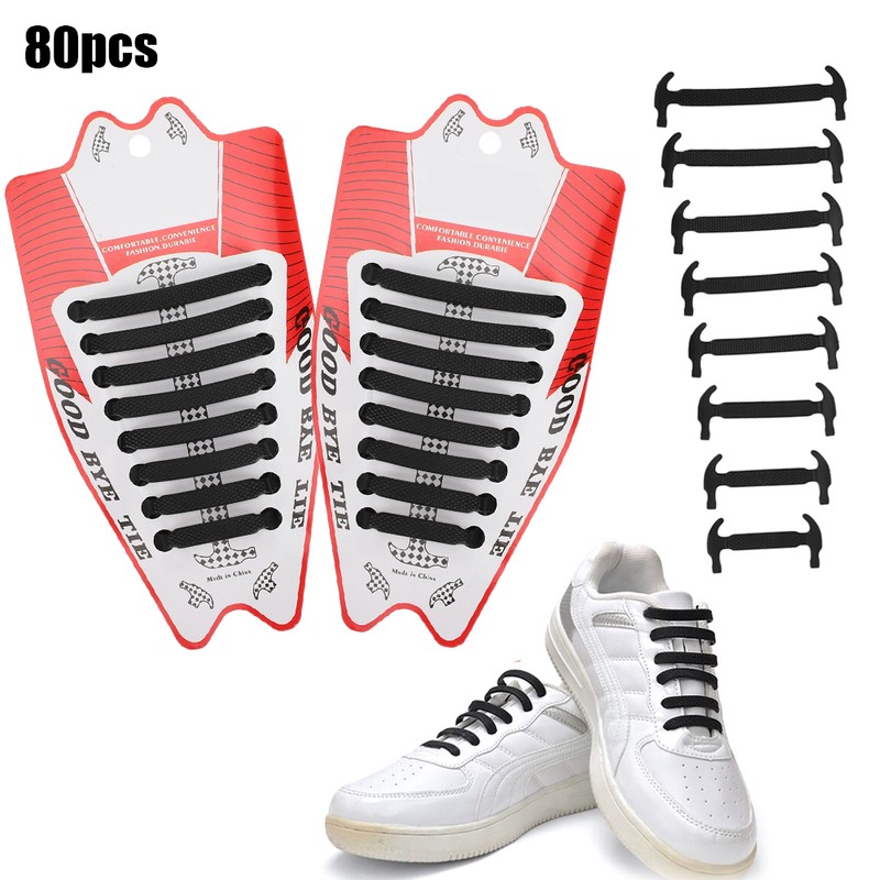 80pcs Silicone Lazy Shoelaces Elastic Black No Tie Shoe Laces