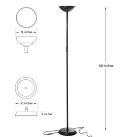 Brightech SkyLite LED Floor lamp, Torchiere Super Bright Floor Lamp for Living Rooms & Offices - 3 Way Dimmable Tall Lamp, High Lumen Standing Pole Lamp for Bedroom Reading - Black
