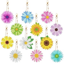 Pack of 12 Diamond Painting Keyrings, Double-Sided 5D Diamond Flowers Diamond Painting Pendant, Crystal Rhinestone Mosaic Diamond Painting, Key Ring, Embroidery, Art, Crafts for Women and Girls