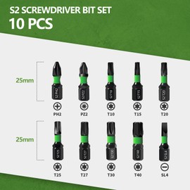 Litorange Pack of 10 25 mm Magnetic Bit Set for Cordless Screwdriver, 1/4 Inch Hex Shank Impact Bit Set (PZ2, PH2, T10, T15, T20, T25, T27, T30, T40, SL4) for Impact Wrenches, Phosphide Black