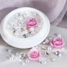Valentine 3D Rose Flower Nail Art Charms, Pink Rose Flowers Nail Ornaments Sparkle Nail Art Rhinestones Diamond Mix White Pearls Jewelry Kit for Women DIY Crafts French Manicures Tips 1 Box