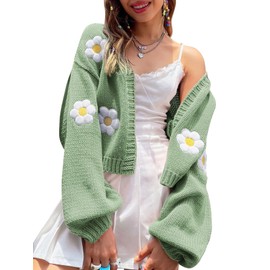 Womens Y2K Cardigan Sweaters Long Sleeve Open Front Cropped Flower Knit Cardigan Aesthetic 90s Shrug Back to College Outfits Mint Green