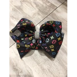 Designer-Inspired Hair Bow with Rhinestone Center, 7.5 Inch, Black Multicolor Pattern