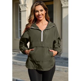 PESION Womens Cycling Running Waterproof Pullover Jackets Lightweight Windproof Biker Windbreaker Jackets with Hooded, Army Green, Small