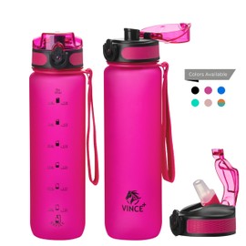 VINCEPLUS 32oz Titan Water Bottle with Time-Marked, 2 Lids (Fast Flow & Straw) - BPA/BPS Free, Leak-Proof, Airtight, Reusable Water Bottle - Perfect for Sports, Hiking (Deep Pink)