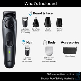 Braun Braun All-in-One Style Kit Series 5 5480, 8-in-1 Trimmer for Men with Beard Trimmer, Body Trimmer for Manscaping, Hair Clippers & More, Ultra-Sharp Blade, 40 Length Settings, Waterproof