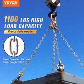 VEVOR Proof Coil Chain, 3/16" x 250', 1100 lbs Safe Working Load, Zinc Plated Proof Tested Coil Chain with Two Quick Links, Galvanized Carbon Steel Link Chain for Towing, Hanging, Camping, Pet Towing