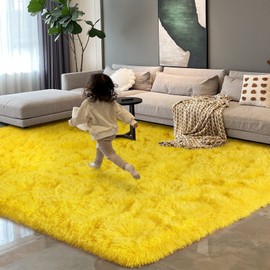 HOMORE Yellow Rug for Living Room, 5x8 Feet Fluffy Area Rug Modern Shag Rugs ...