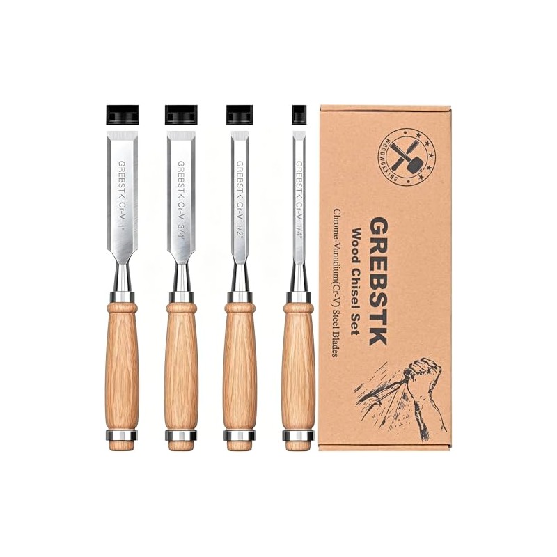 GREBSTK 4-Piece Ultra-Sharp Wood Chisel Set, CR-V Steel Beveled Blades