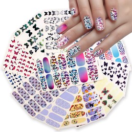 SILPECWEE 14 Sheets Butterfly Nail Wraps for Women Rainbow Polish Strips Self Adhesive Stickers Stick on Gel Strips Fingernail Manicure With Nail File