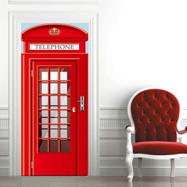 3D Door Stickers for Interior Doors Classic Red Vintage Phone Booth Call Background Vinyl Waterproof Self Adhesive Door Mural Decals for Bedroom Office Bathroom 77 x 200 cm