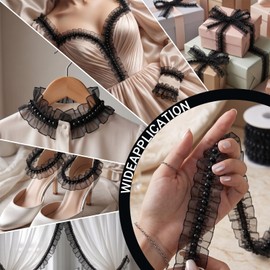 5 Yard Black Organza Lace Trim 1.57 Inch Pearl Beaded Ruffle Pleated Ribbon