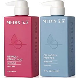 Medix 5.5 Retinol Cream and Collagen Cream Set. Medix 5.5 Retinol Cream with Ferulic Acid targets Crepey Skin, Wrinkles and Sun Damaged Skin. Collagen Cream firms and tightens Sagging Skin. Two 15oz