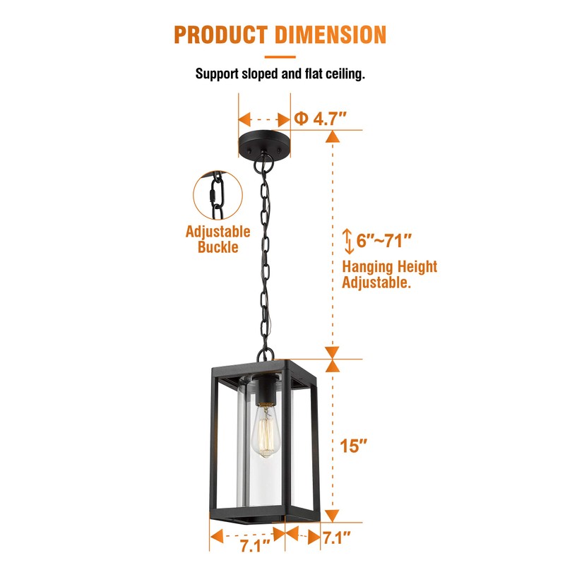 Beionxii Outdoor Pendant Light, Modern Exterior Hanging Porch Lantern, Black