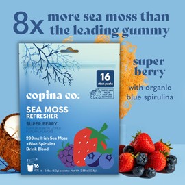 Copina Co. Irish Sea Moss Powder Drink - Super Berry with Organic Blue Spirulina - 200mg Organic Sea Moss for Gut & Skin Health, Immunity - Natural Electrolytes I 16 Stick Packs