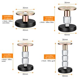 VZU Pack of 8 Adjustable Furniture Feet, 4 Sizes, Adjustable Metal Spacers, Height Adjustable Feet for Furniture, Adjustable Bed Spacer Wall, for Cabinet, Bed Base, Tables, Sofas