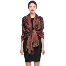 Women Pashmina Scarves Luxury Winter Scarf Paisley Shawl with Fringe Reversible Large Blanket Wrap 78.5" X27.5"(Black Red)
