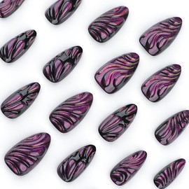 24 Pcs Spring Press on Nails Short Almond,YEFIUO Cat's Eye Black Purple French Nail Tips Fake Nails Press ons Acrylic Nail Kit 3D Texture Design Nail Art Glue on Nails Full Cover False Nails for Women
