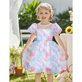 Arshiner Toddler Girls Dress Contrast Mesh Puff Short Sleeve Flowy Bubble Hem Mini Dress Tie Dye Organza Wedding Guest Dresses 2T