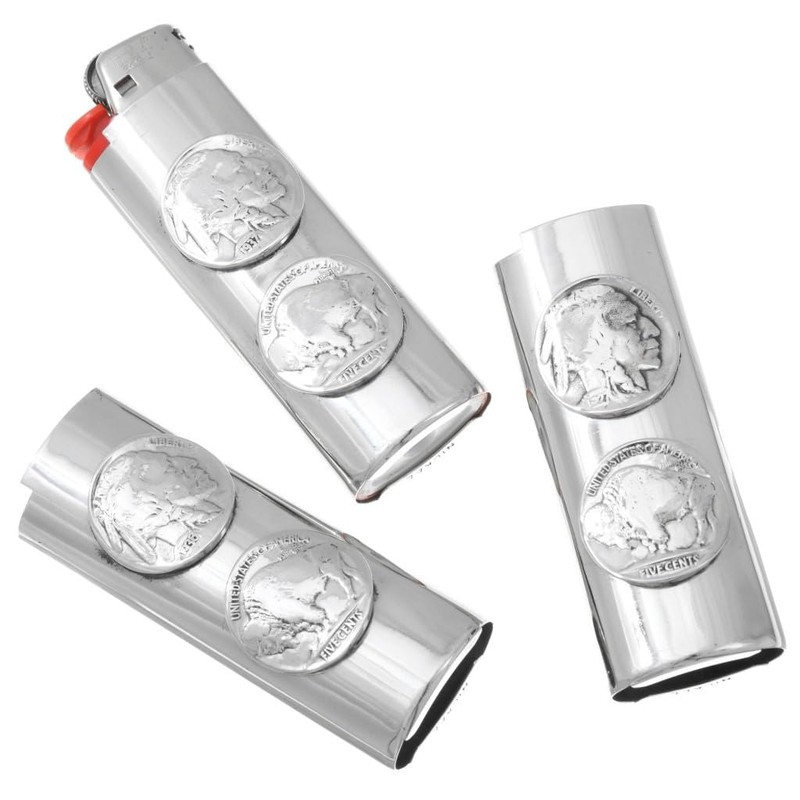 Navajo Silver Coin Lighter Case Cover Genuine Buffalo and Indian