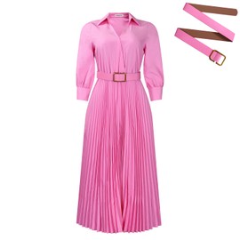 Famnbro Womens Pleated Dress V Neck Long Sleeve A line Church Formal Works Business Dresses with Belt Pink