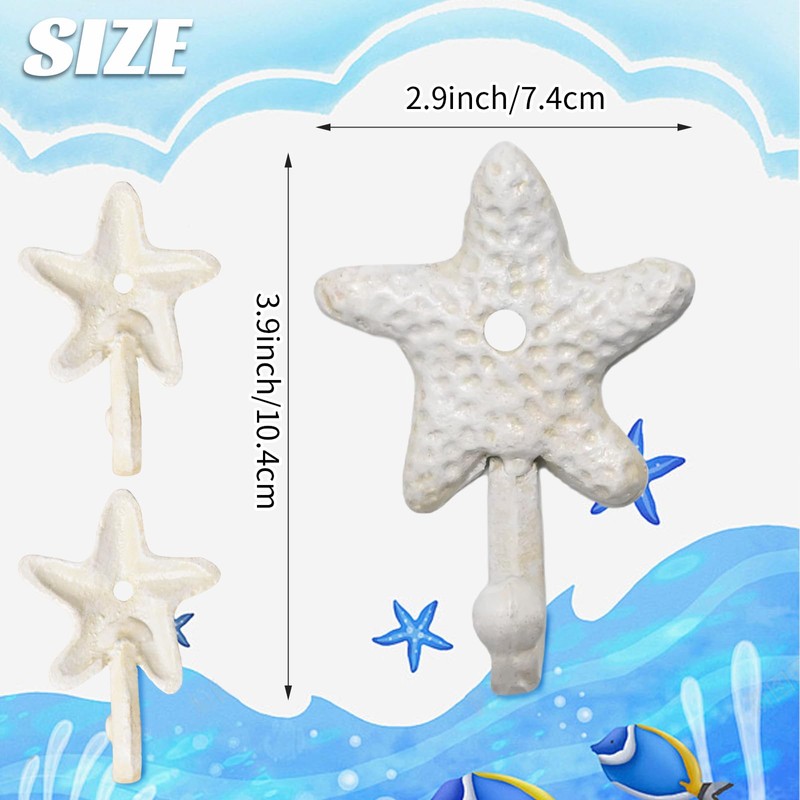 Newnessai 3Pcs Decorative Hooks, Cast Iron Star Fish Beach Themed