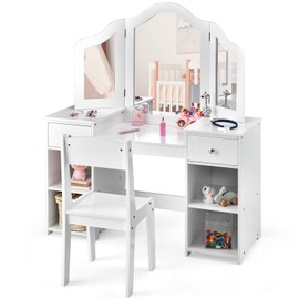 INFANS Kids Vanity, 2 in 1 Princess Makeup Desk and Chair Set with Drawers Tri-Folding Detachable Mirror Large Storage Shelves, Wooden Dressing Table, Pretend Play Vanity Set for Toddler Girls