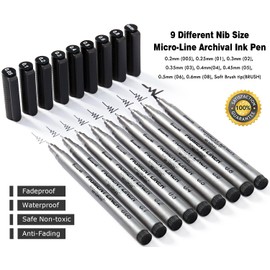 Brusarth Precision Black Micro-Pen Fineliner Ink Pens, Waterproof Archival Ink, Drawing Pen, Artist Illustration Pens, Multiliner, for Art Watercolor, Sketching, Anime, Manga, Design, 9/Set(Black)