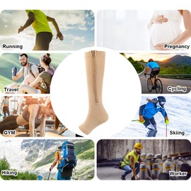 HYCOPROT Zipper Compression Socks for Women Men 2 Pairs Open Toe 15-20 mmHg Compression Stockings for Varicose Veins Running Nurses Pregnancy Travel