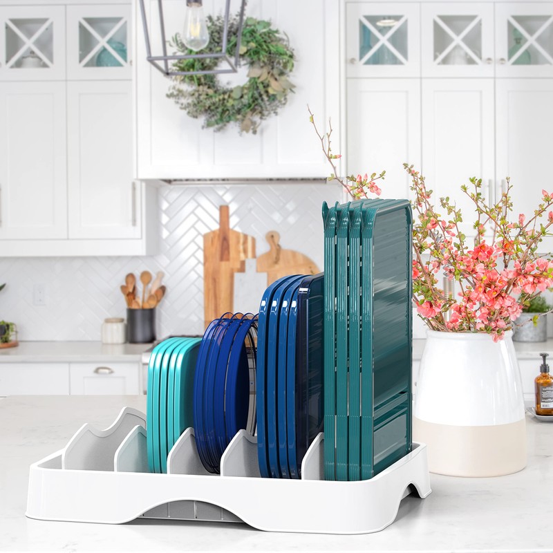 SimpleHouseware Food Container Lid Organizer, Adjustable Lids Storage, White