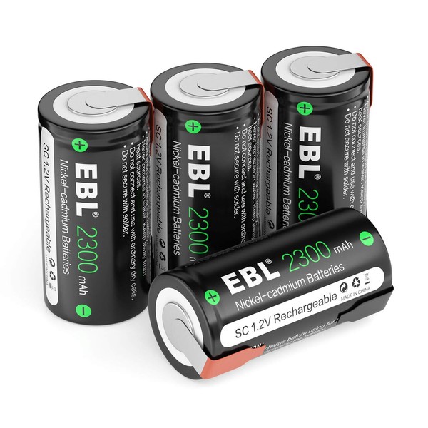 EBL 2300mAh Sub C NiCd Rechargeable Batteries for Power Tools 1.2V Flat Top Sub-C Cell Batteries with Tabs, 4 Packs