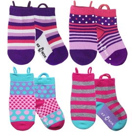 Ez Sox Toddler Boys Girls Socks Non Skid Seamless Toe Anti Slip Grip Pull Up Loops (3-5 Years, Purple & Pink Polkadots/Stripes)