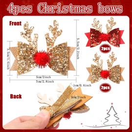 ZOOMPIL Xmas Glitter Antlers Hair Clips, Set of 4 Christmas Hair Clips Set, Bow Hair Accessories, Glitter, for Girls, Children, Christmas Party, Christmas Gifts