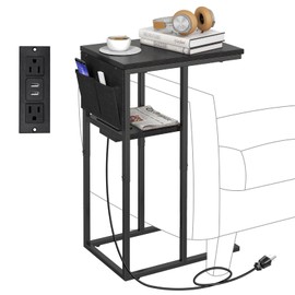 Livofloral C Table End Table with Charging Station, Small Side Table for Couch with Storage Bag, Couch Side Tables Living Room, C Shaped End Table for Sofa, Small Bedside Table for Bedroom, Black